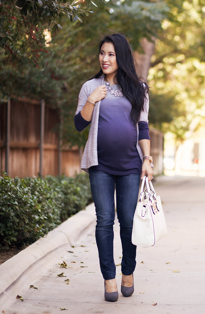 cute & little blog | petite fashion | maternity baby bump pregnant | the limited grey cardigan, gap maternity ombre knit, citizens of humanity maternity jeans, crystal cluster statement necklace, handbag heaven evelyn lock satchel | fall outfit | third tr