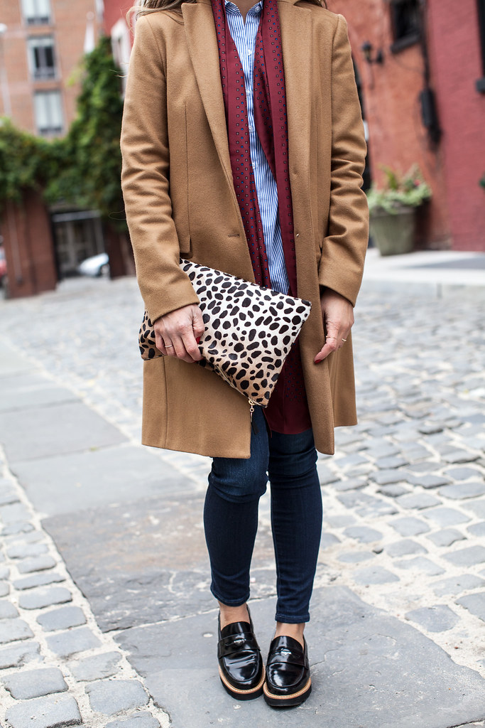 menswear outfit jcrew zara camel coat skinny jeans coach loafers clare vivier leapord clutch karen walker sunglasses how to wear menswear pieces corporate catwalk what to wear in the fall how to layer in new york city