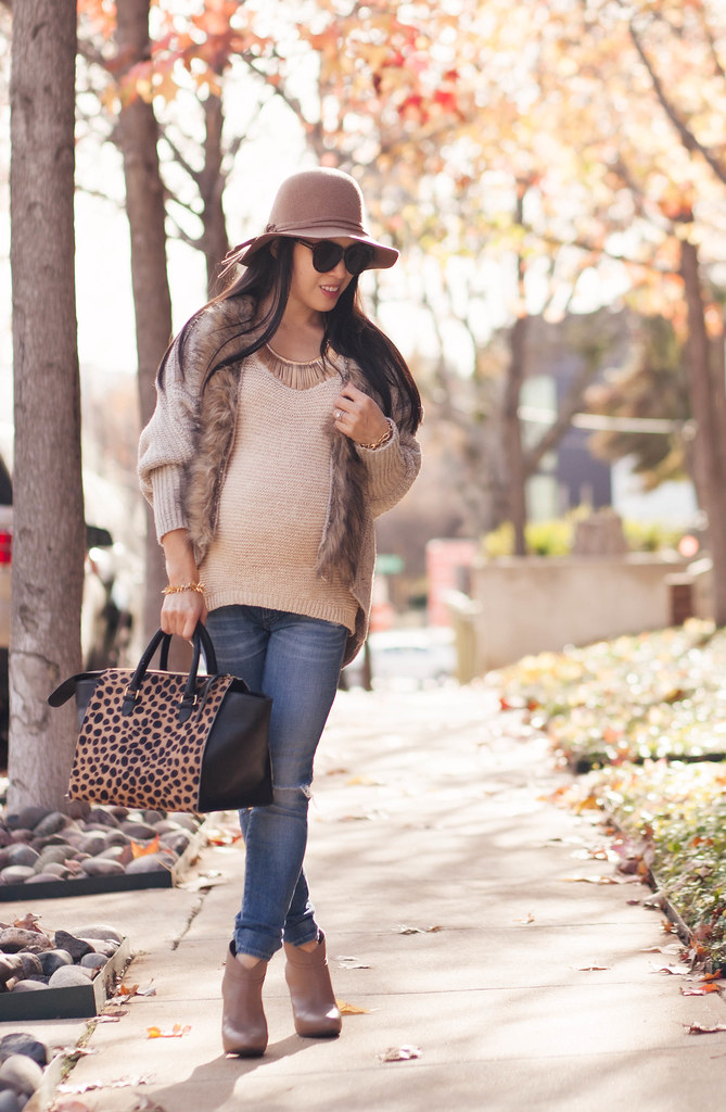 cute & little blog | petite fashion | #maternity #bumpstyle #thirdtrimester 34 weeks | felt floppy hat, batwing fur knit cardigan, waffle sweater, maternity distressed jeans, taupe ankle booties, clare v sandrine leopard satchel | fall layering outfit