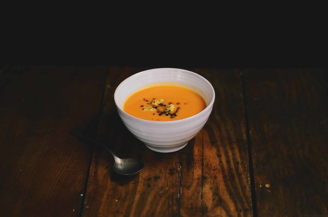 Sweet Potato Soup with Cauliflower Croutons | A Brown Table @abrowntable