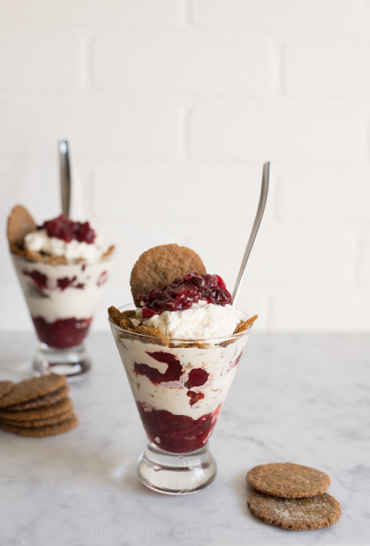 Vanilla Cranberry Ice Cream Sundaes with Crispy Gingersnap Cookies and Bourbon Whipped Cream www.PineappleandCoconut.com