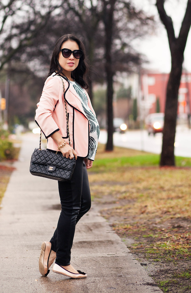 cute & little blog | petite fashion maternity | pink black piping blazer, leaf print top, leather pants, pink bow flats, chanel flap purse | fall outfit