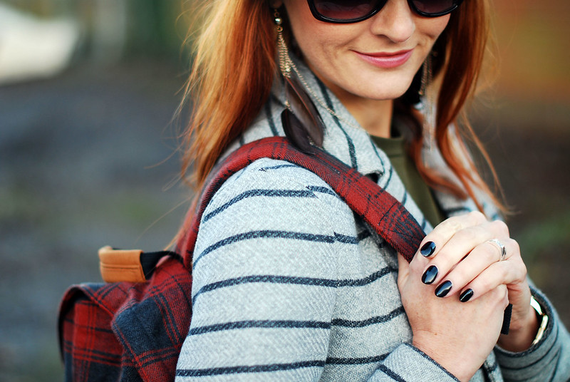 Striped longline blazer with black boots, plaid rucksack and fedora