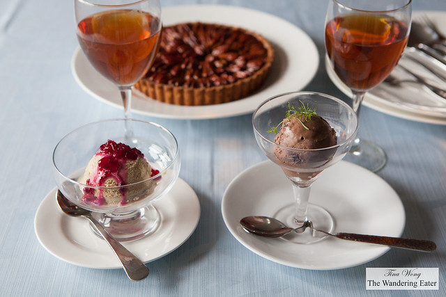 Dessert - Earl Grey tea ice cream with cranberry sauce and Dark chocolate gelato