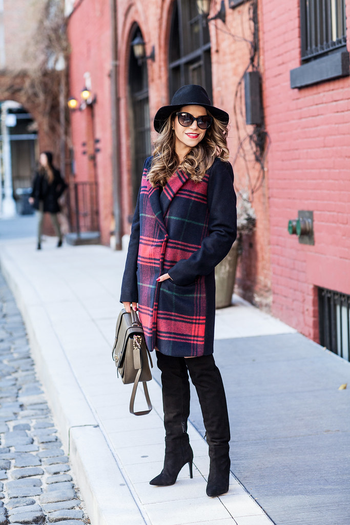 gap plaid coat piperlime black skirt jcrew cardigan what to wear how to wear over the knee boots olivia joie boots suede grey boots black suede boots plaid winter coat black outfit prada cateye sunglasses fashion blogger corporate fashion blogger outfit of the day new york city fashion blogger beautiful hair ombre hair