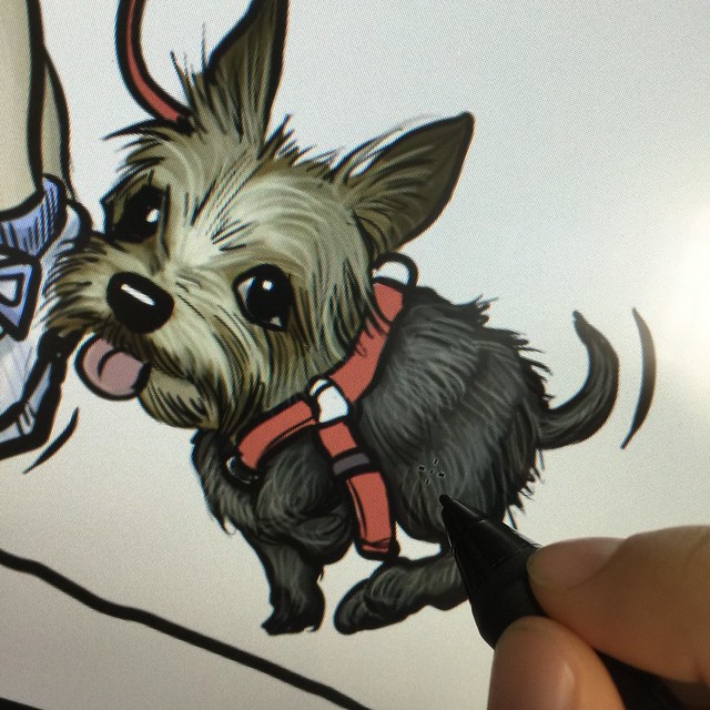 Digital dog caricature painting progress
