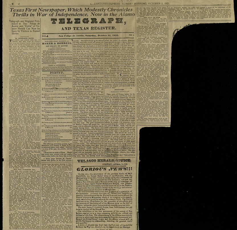 Telegraph and Texas Register, 1921 reprint of October 1, 1835, first edition