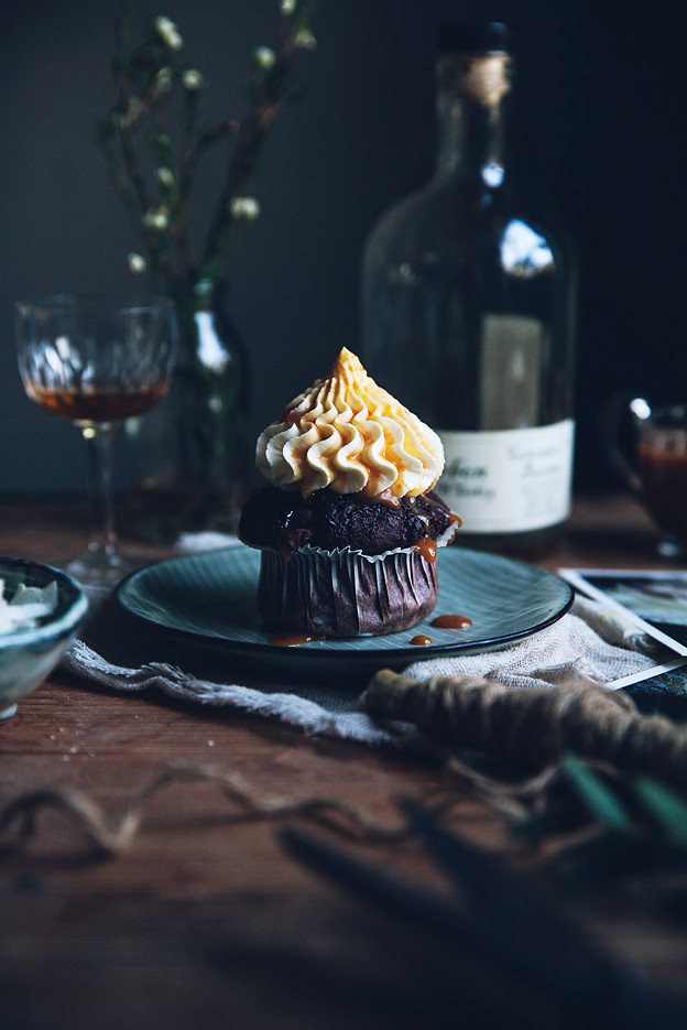 Double chocolate banana muffins amongst mascarpone frosting as well as bourbon caramel sauce