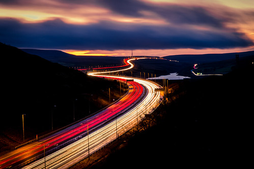 road uk travel bridge winter light sunset red england white slr colors clouds digital canon dark landscape manchester lights evening highway long exposure raw traffic motorway britain 5 low tripod leeds 24 lighttrails 28 70 manfrotto lightroom scammonden m62 6d befree