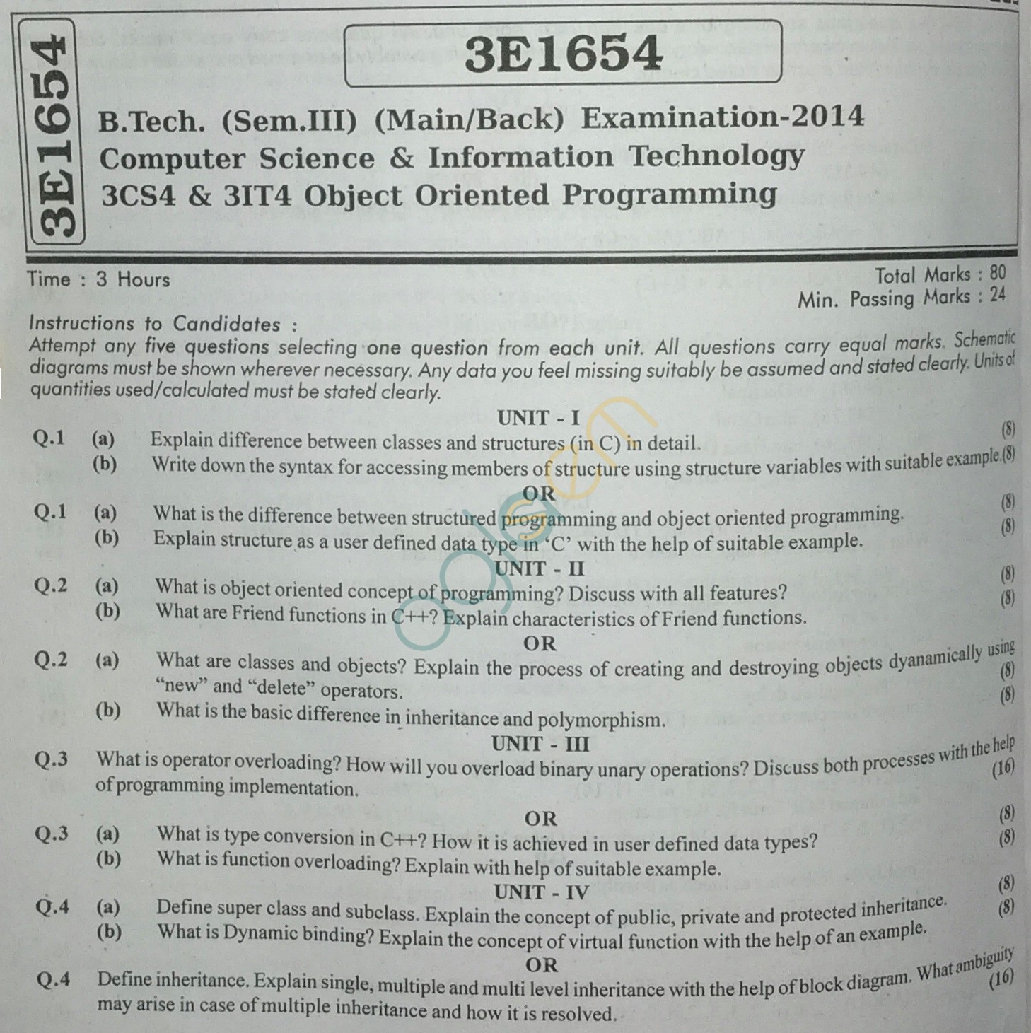 RTU: Question Papers 2014 - 3 Semester - CS & IT - 3E1654