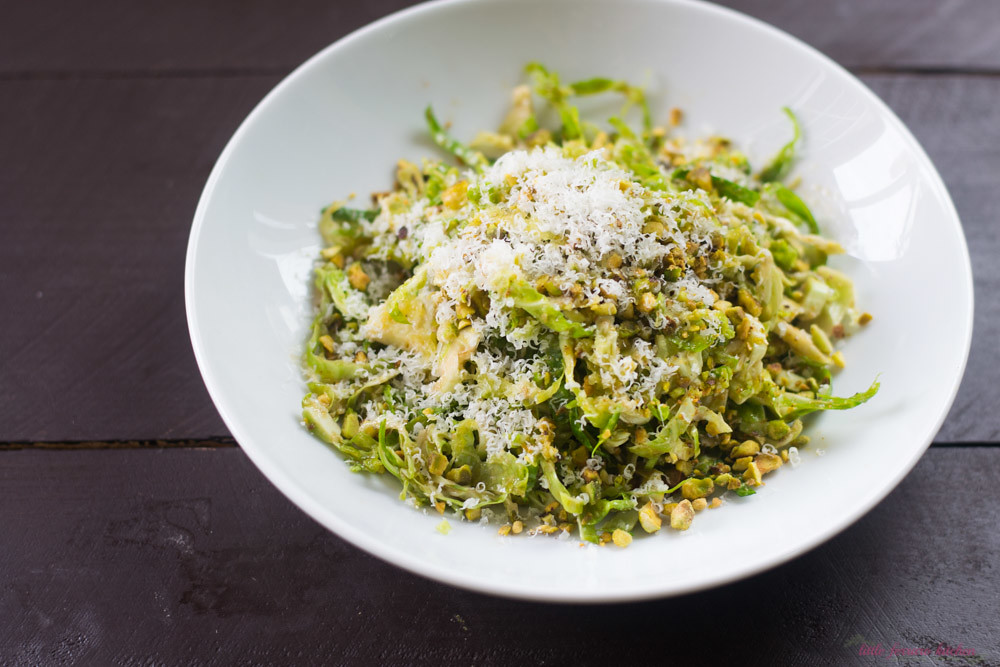 Brussels Sprout Salad with Pistachios and Pecorino makes for an elegant holiday side dish. The lemon Dijon vinaigrette gently wilts the sprouts and a coating of salty Pecorino cheese is added, rounding out all of the delicious savory flavors.