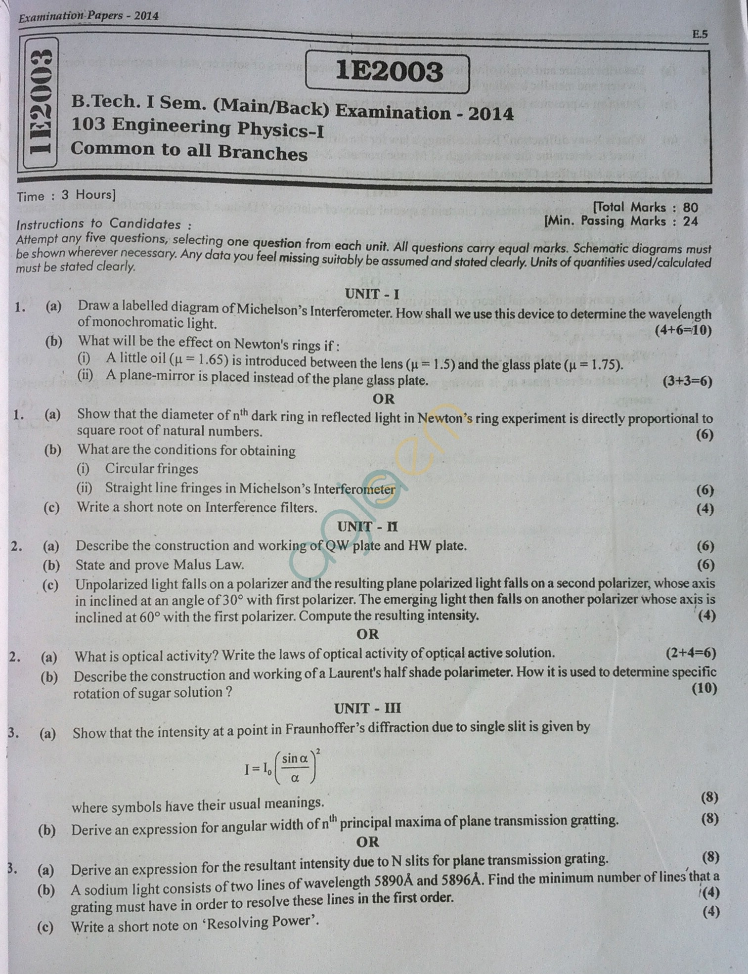 RTU: Question Papers 2014 - 1 Semester - All Branches - 1E2003