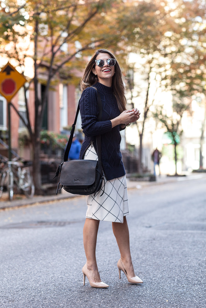 windowpane skirt banana republic skirt coach cross body black bag leather bag dvf bethany heels nude zara printed wrap skirt nordstrom sunglasses what to wear to work in the fall new york fashion blogger corporate catwalk work outfits