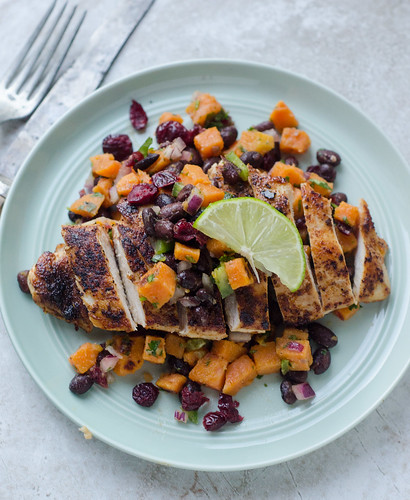 Spicy Chicken with Black Bean, Cranberry, and Sweet Potato Salsa