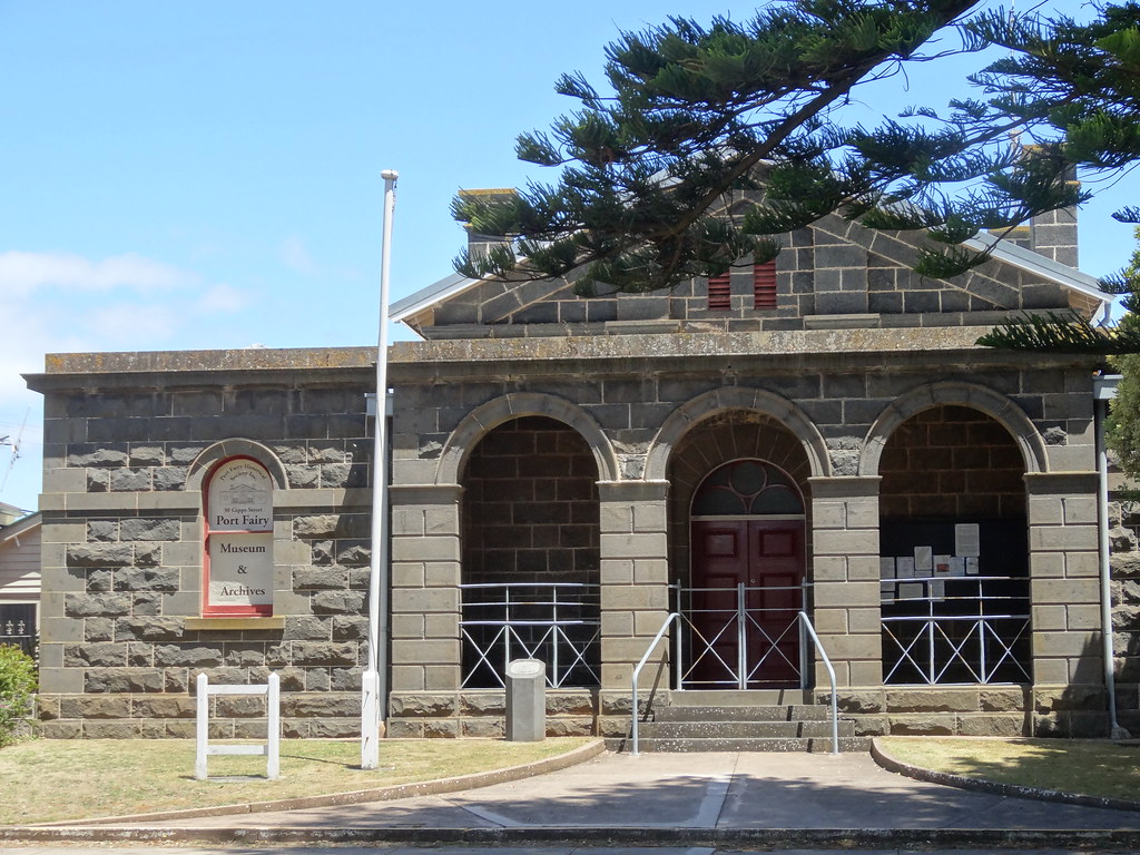 Port Fairy. The basalt Courthouse. Built in 1860. Next door is the old Customs House built in 1859. Both buildings are in the government town of Port Fairy rather than the private town of Belfast.
