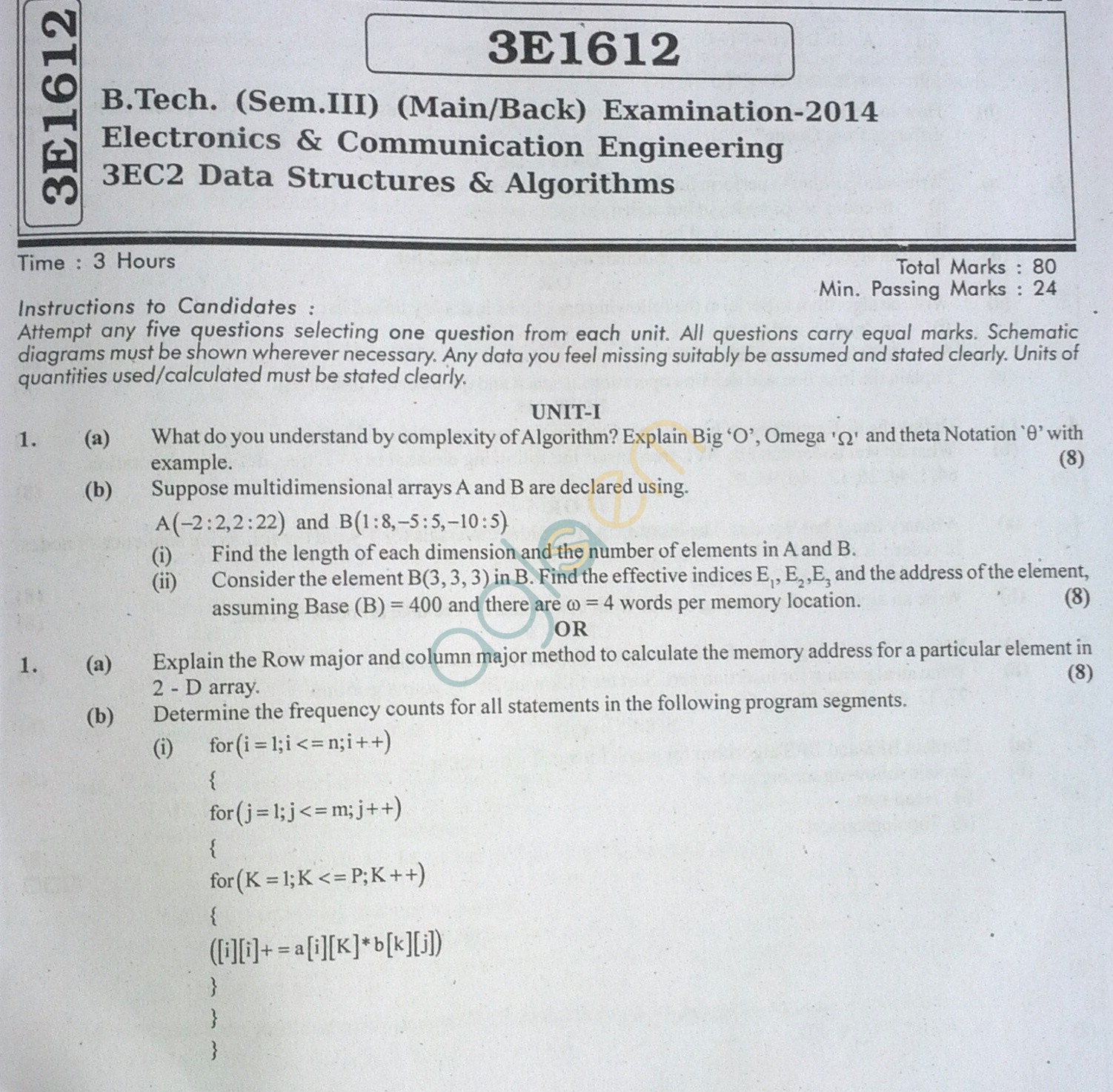 RTU: Question Papers 2014 - 3 Semester - EC - 3E1612