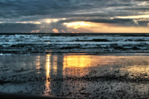 ocean sunset reflection beach clouds sand