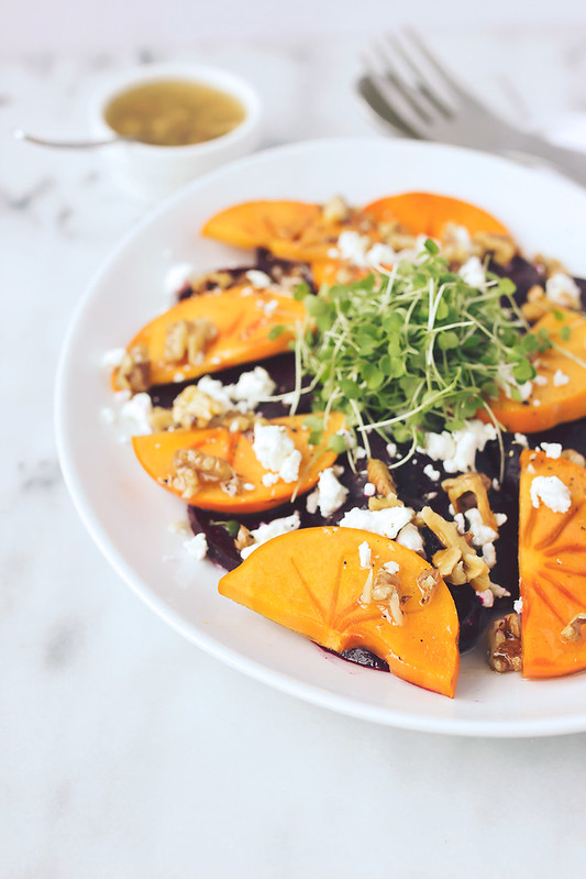 Roasted Beet and Persimmon Salad with Goat Cheese and Toasted Walnut Vinaigrette