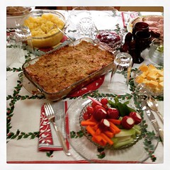 Mark made tzimmes with a potato kugel topping. Note how my plate had nothing but fresh veggies on it! #Christmas #dinner #family #meal