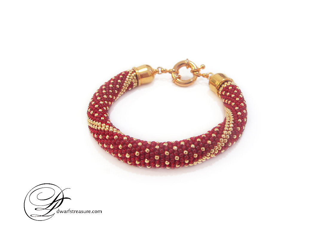 Fashion rich red crochet beadwork rope bracelet with gold polka dot pattern 