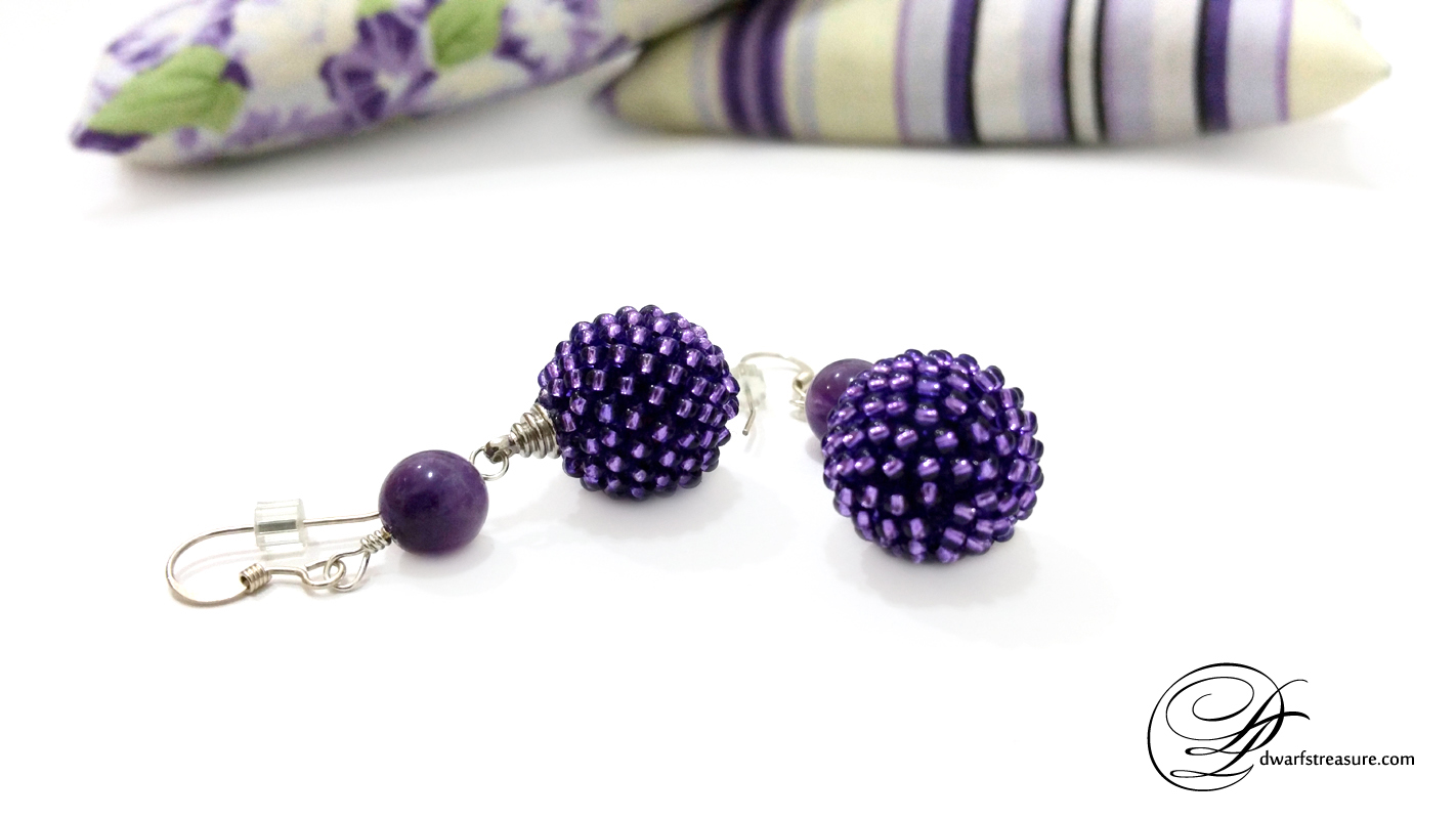 Luxurious purple seed bead ball earrings 