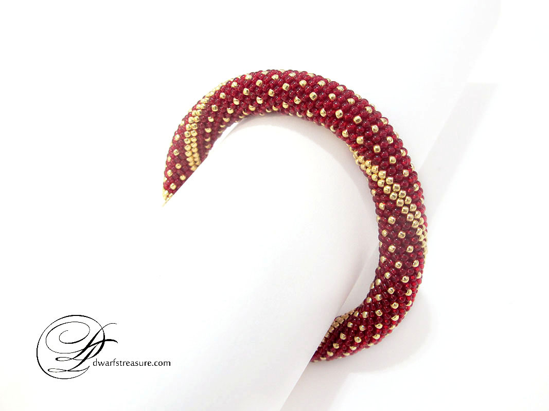 Luxurious red & gold beaded crochet rope bangle