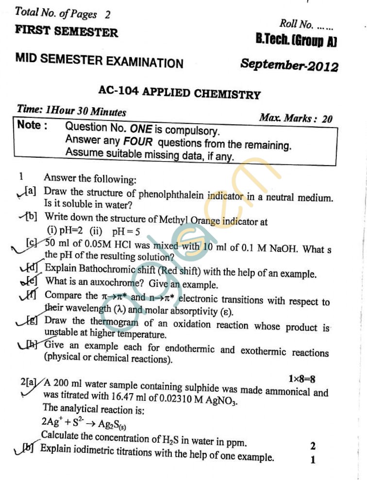 DTU: Question Papers 2012 – 1 Semester - Mid Sem - AC-104