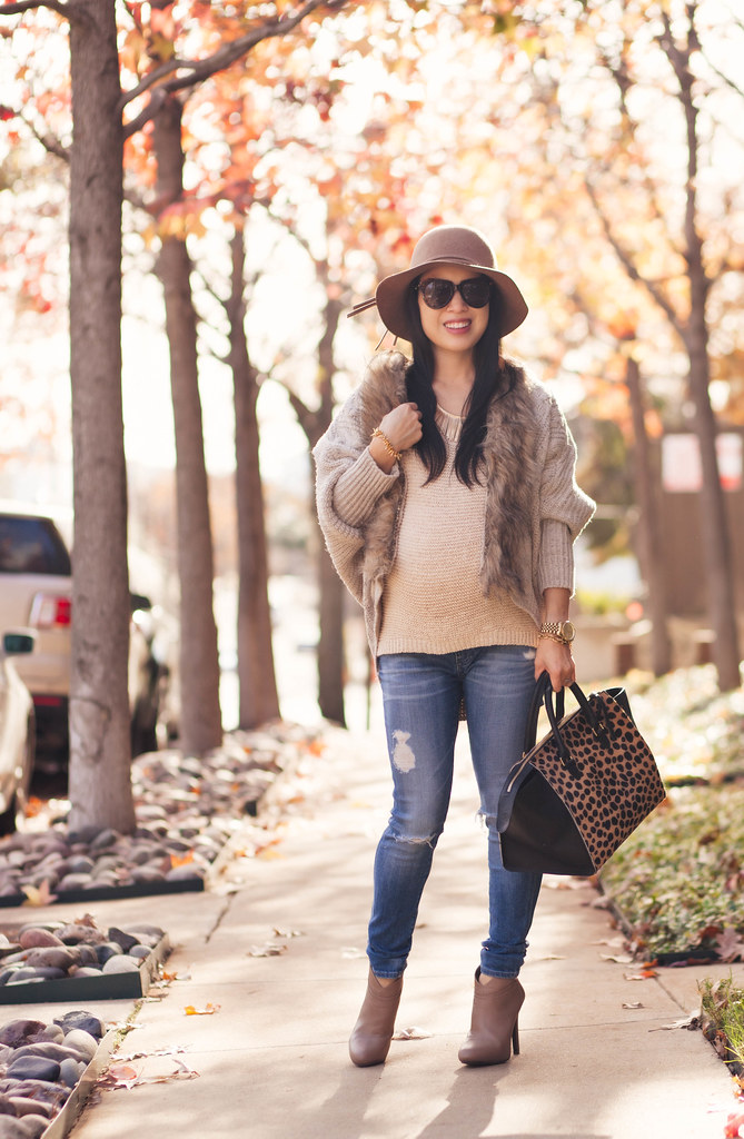 cute & little blog | petite fashion | #maternity #bumpstyle #thirdtrimester 34 weeks | felt floppy hat, batwing fur knit cardigan, waffle sweater, maternity distressed jeans, taupe ankle booties, clare v sandrine leopard satchel | fall layering outfit