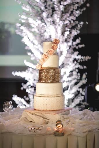 Wedding Cake with Edible Rose Toppers and Real 24k Edible Gold Leaf Sheets by Krispee's SweetSINsation-Kristille Ariete