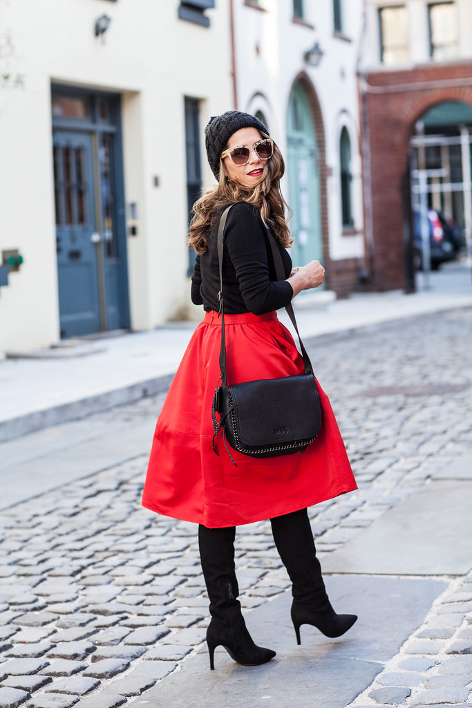 express red mid skirt dakotah coach stachel black bag joie black suede boots over the knee suede boots jcrew cardigan black sweater dolce and gabbana gold lace sunglasses black beanie forever 21 hat nyc fashion blogger holiday outfits 