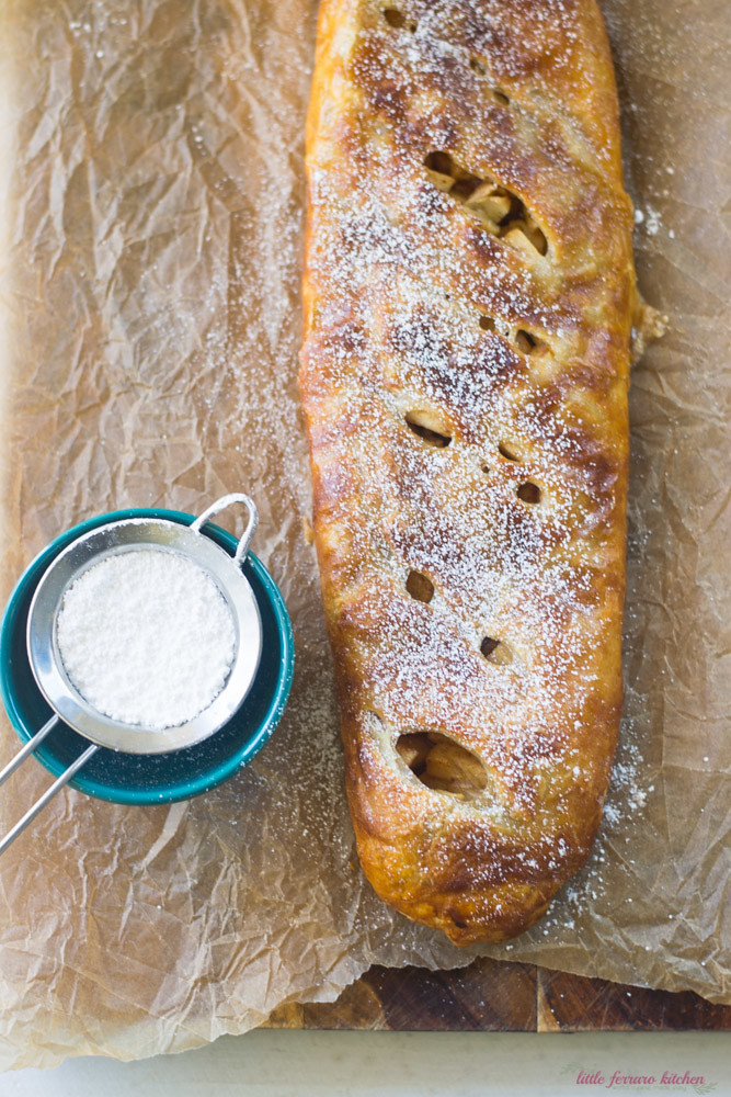 Easy apple strudel made with puff pastry and a thin layer of cream cheese for a touch of creaminess.