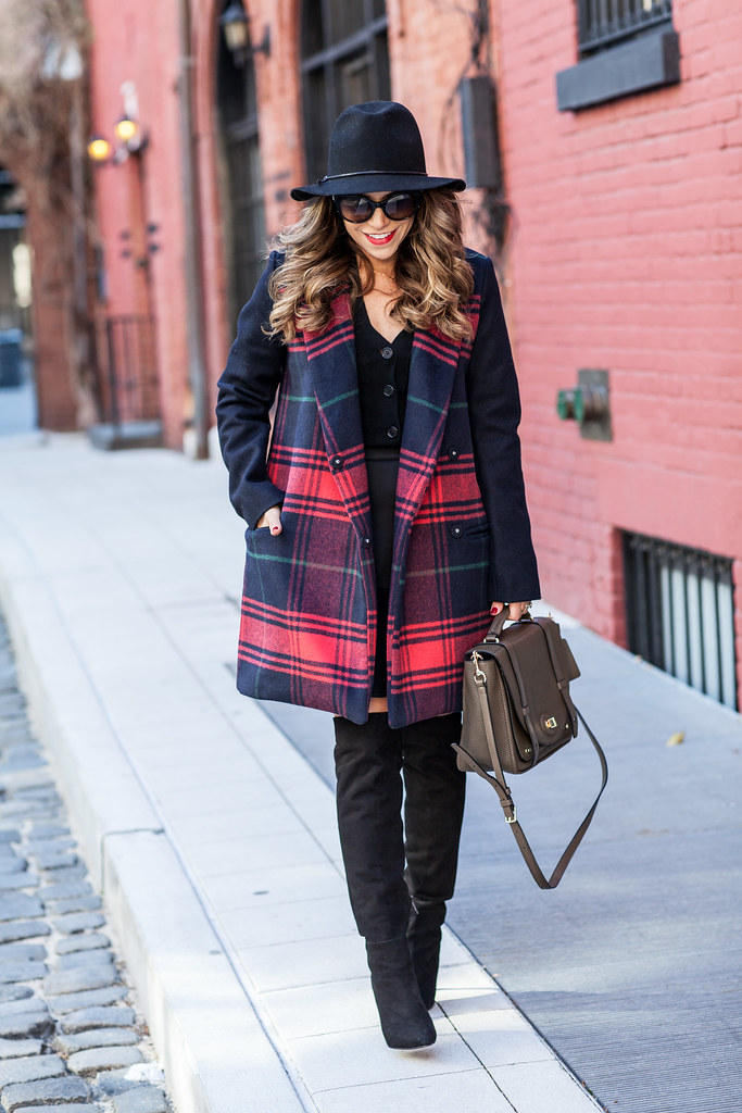 gap plaid coat piperlime black skirt jcrew cardigan what to wear how to wear over the knee boots olivia joie boots suede grey boots black suede boots plaid winter coat black outfit prada cateye sunglasses fashion blogger corporate fashion blogger outfit of the day new york city fashion blogger beautiful hair ombre hair