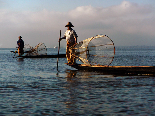 Fisherman Using Traditional Fishing Methods on Inle Lake, Myanmar