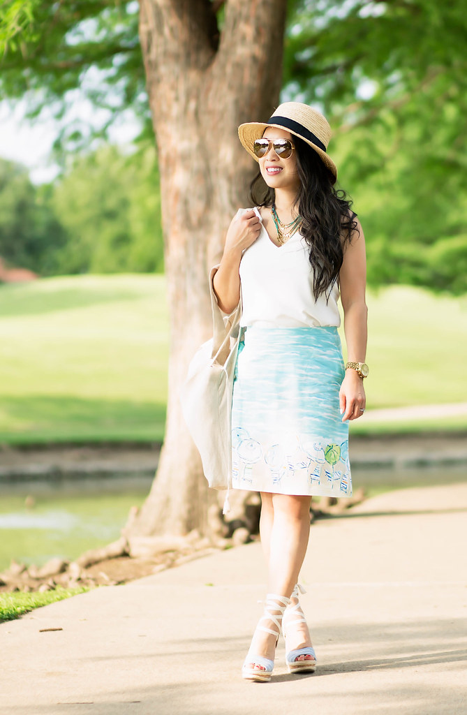 cute & little blog | petite fashion | straw sun hat, white strappy tank, printed beach skirt, sole society sena lace-up espadrilles, ray ban aviators, j.jill turquoise bead necklace | spring summer outfit
