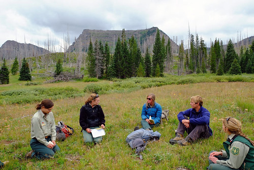 A group of U.S. Forest Service employees gathers together in the Flat Tops Wilderness to reflect upon the idea of preserving wilderness that led to the Wilderness Act of 1964. The Flat Tops Wilderness is in what is known as the Cradle of Wilderness, the area that inspired Forest Service landscape architect Aldo Leopold to recommend designating permanent wilderness areas that could be enjoyed by future generations. (U.S. Forest Service/Roger Poirier)