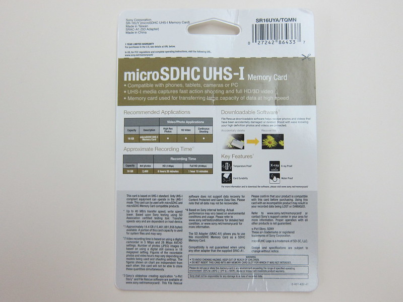 Sony 16GB Class 10 Micro SDHC R40 Memory Card - Packaging Back
