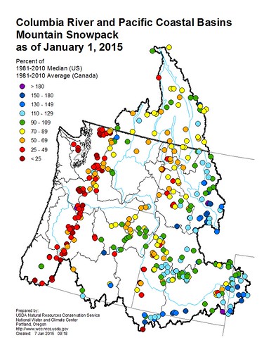 Columbia River and Pacific Coastal Basins Mountain Snowpack as of January 1, 2015