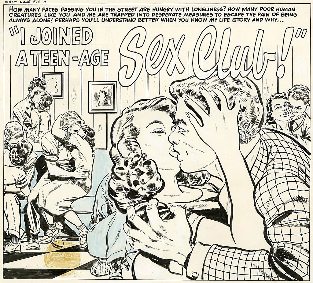 klappersacks:   	I Joined a Teen-Age Sex Club! by Tom Simpson    	Via Flickr: 	First Love #13 (1951) “I Joined A Teen-Age Sex Club” via Heritage   
