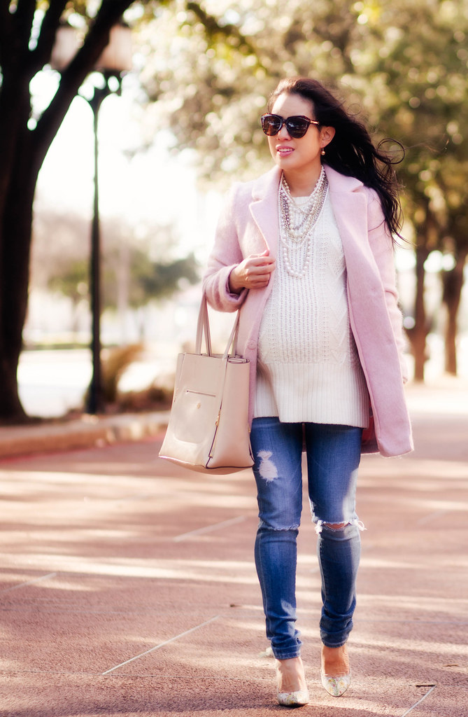 cute & little blog | petite fashion maternity | pink wool coat, pearl necklace, chunky white sweater, shoes of prey floral pumps, beige tote | winter layers outfit