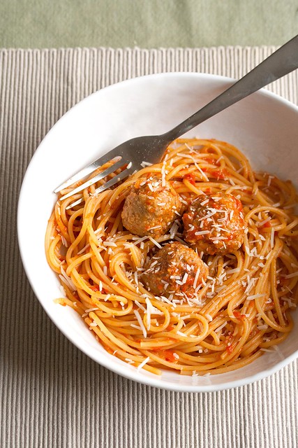 Spaghetti with Chicken Meatballs and Spicy Red Pepper Sauce
