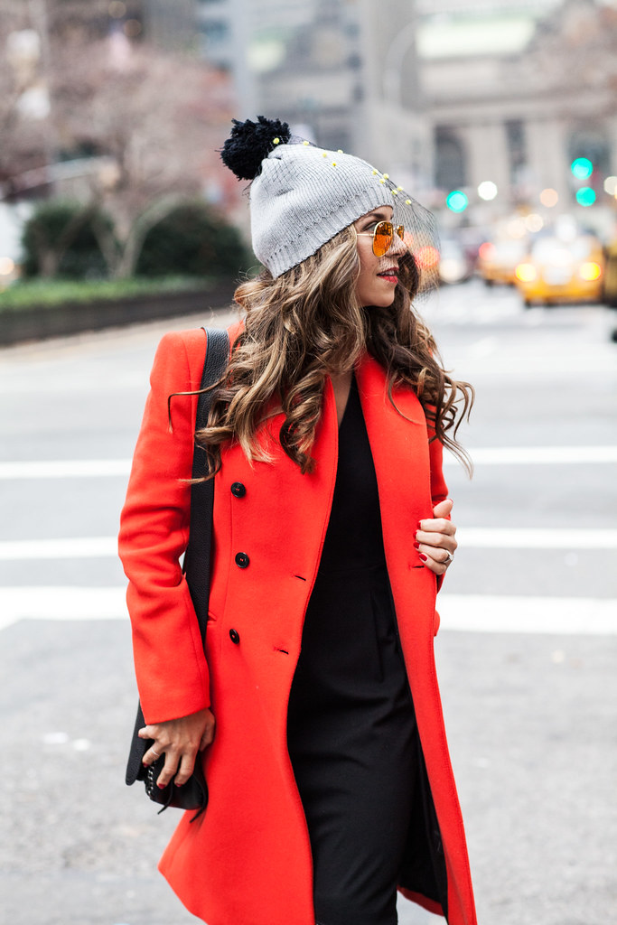 Out & About | Orange Coat + Netted Beanie - Olivia Jeanette