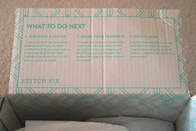Once you receive your Stitch Fix, try on all 5 pieces- decide what to keep and what to send back, provide detailed feedback about what worked and what didn't, and finally, send back any items in prepaid bag via USPS
