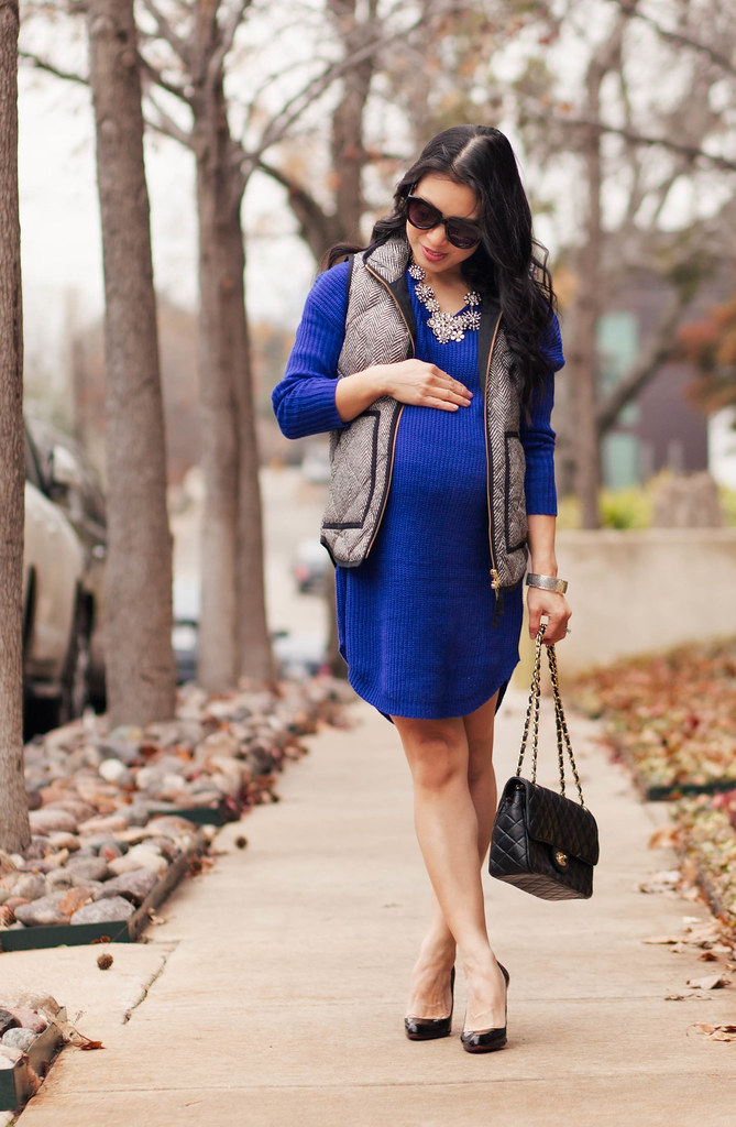 cute & little blog | petite fashion blog | maternity | sheinside blue sweater dress, quilted herringbone vest, chanel flap purse, louboutin decollete pumps | fall outfit