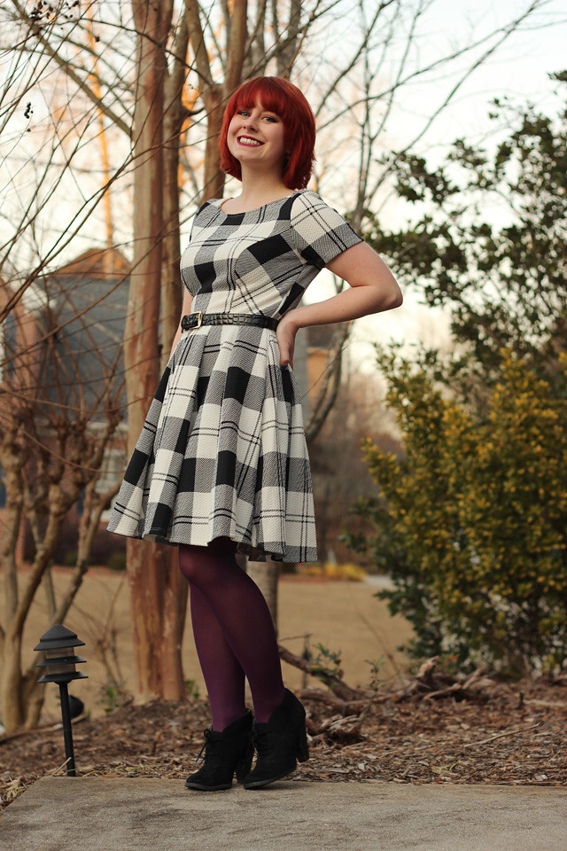 Outfit: Black and White Plaid Dress with Purple Tights