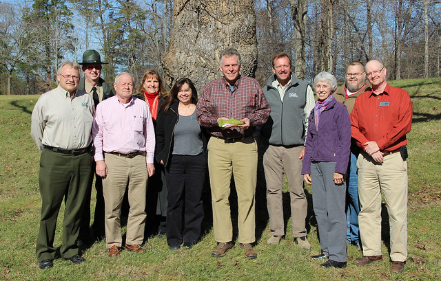 Gov. Terry McAuliffe visits Fairy Stone State Park - Virginia State Parks staff Tim Vest and John Grooms, VA Conservation and Recreation board chair Bruce Wingo, DCR deputy director Rochelle Altholtz, DRBA executive director Tiffany Haworth, Governor Terry McAuliffe, DCR director Clyde Cristman, DRBA board member T Butler, Patrick County Chamber executive director Tim Collins, DRBA board member Fletcher Waynick