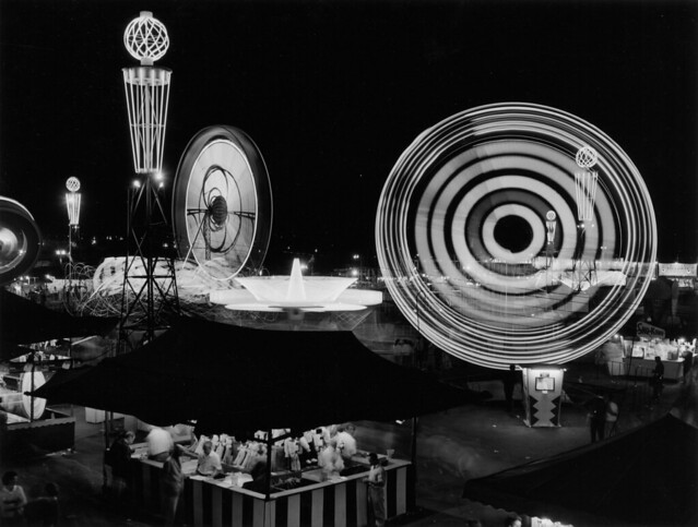 Illuminated amusement rides in P.N.E. Playland at night