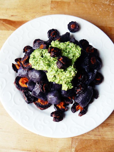 Purple gnocchi with roasted purple carrots and parsley pesto