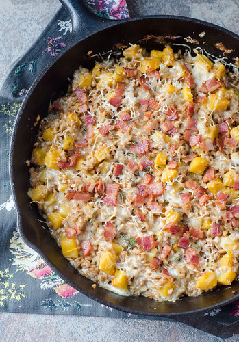 Cheesy Baked Farro with Butternut Squash and Bacon