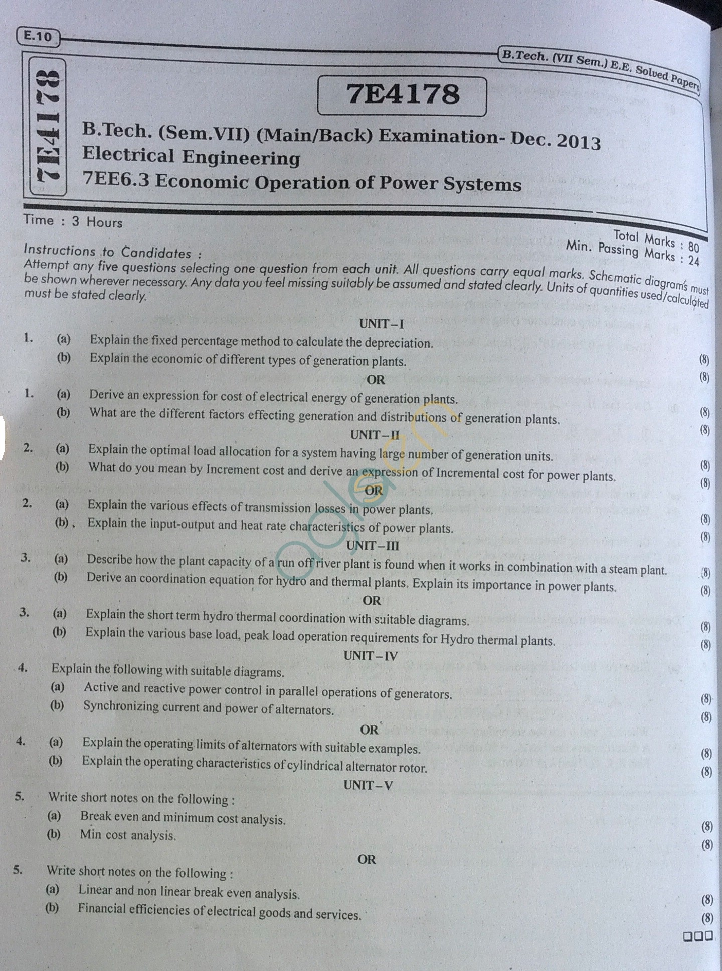 RTU: Question Papers 2013 - 7 Semester - EE - 7E4178