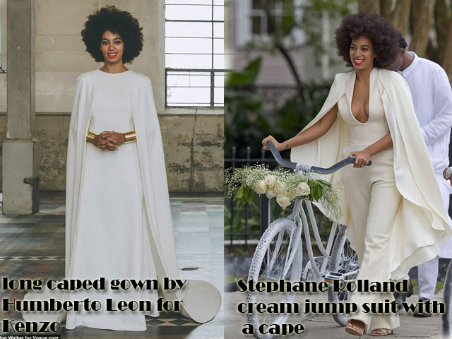 Solange-Knowles-wedding-outfits,long caped gown by Humberto Leon for Kenzo, caped dress, long caped dress, Stephane Rolland cream jump suit with a cape,  caped jumpsuit, Humberto Leon for Kenzo dress